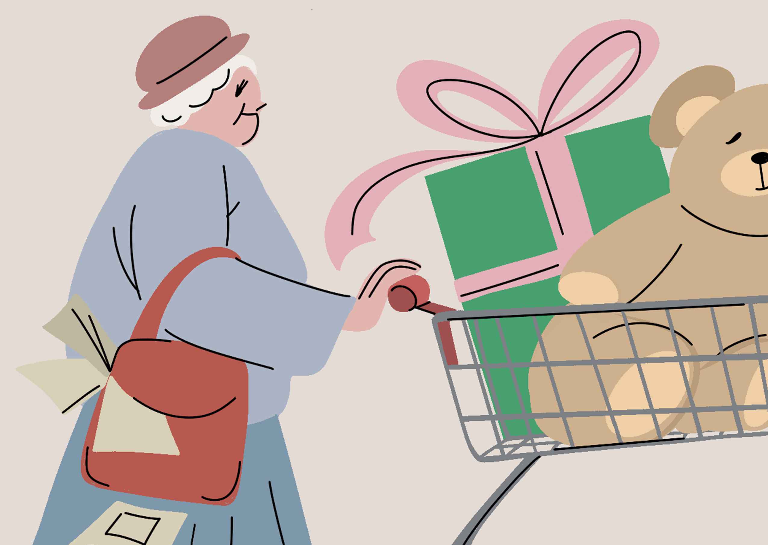 Vanha nainen työntää ostoskärryjä